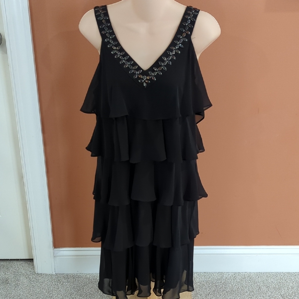 S.L. Fashions Black Ruffle Mini Dress with Embellished Neckline